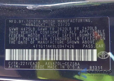 2020 Toyota Camry Se z USA, uszkodzony, nr VIN 4T1G11AK8LU947426